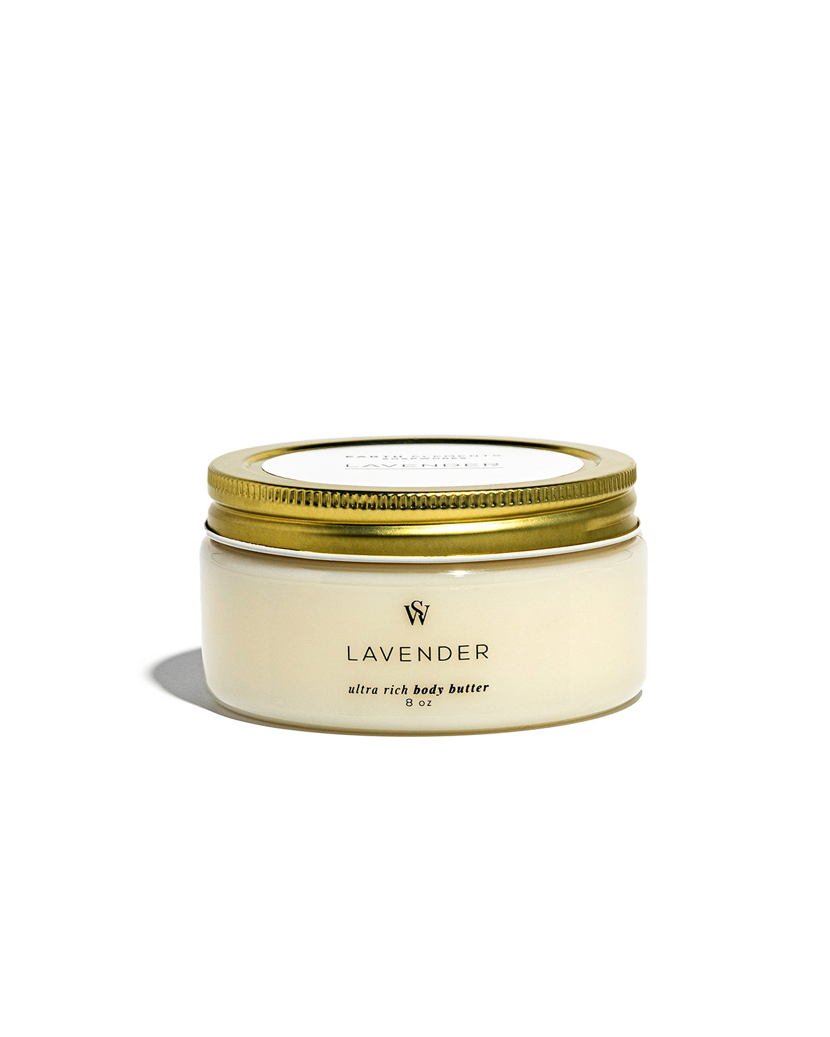 A jar of Lavender Ultra Rich Body Butter with a cream-colored body and a metallic gold lid, set against a plain white background.