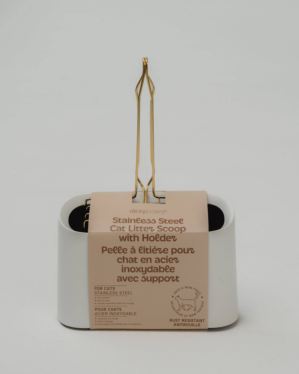 Stainless Steel Cat Litter Scooper with Plastic Stand - Gold